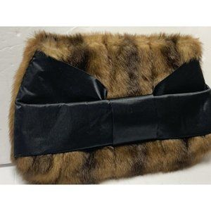 IC INTERNATIONAL CONCEPTS BROWN FAUX FUR LG BLACK SATIN BOW FRONT CLUTCH PURSE